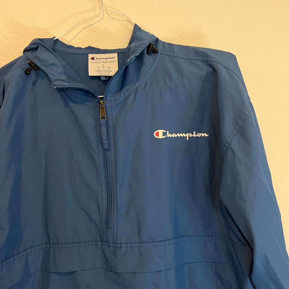 Champion Men's Hoodie 1/2 Zip Windbreaker Polyester Jacket Solid Blue Size Large - Picture 3 of 5